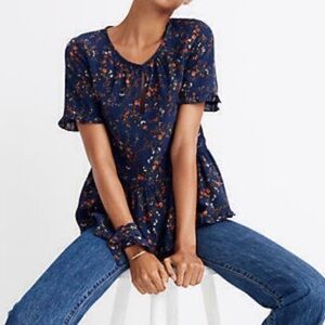 Madewell Silk Stanza Ruffle Hem Ditsy Floral Print Keyhole Blouse Size NWT